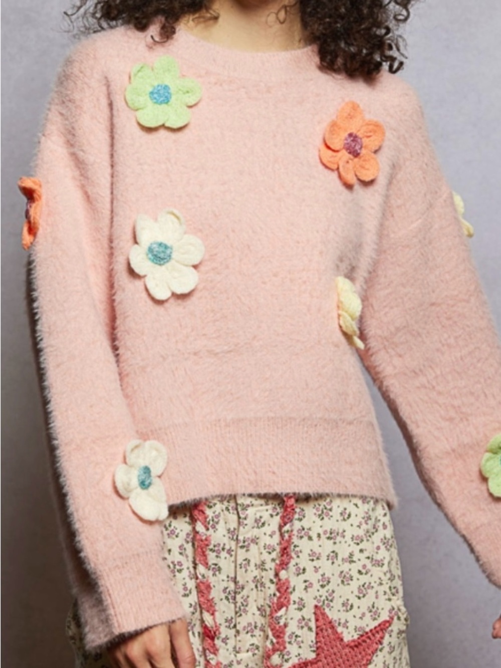 POL Pink Fuzzy 3D Flower Appliqué Women’s Sweater Coquette Girl Winter Spring